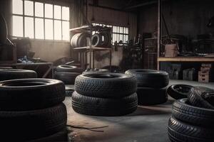 Mechanic service is changing new tires and wheels. on the garage background. Generative AI photo