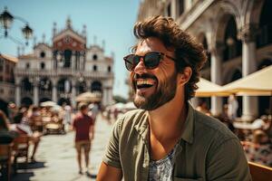 hermoso joven hombre turista teniendo divertido en verano vacaciones sonriente y mirando a cámara. generativo ai foto