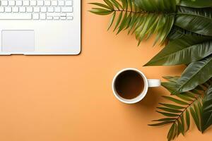Office desk table with keyboard and coffee cup. Top view with copy space. Generative AI photo
