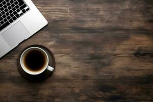 Laptop and coffee cup on black background. Top view with copy space. Generative AI photo