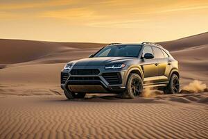 luxury car on sand dunes. Generative AI photo