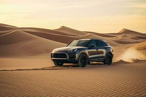 luxury car on sand dunes. Generative AI photo