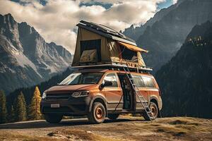 Camping in the mountains. Caravan car on the background of mountains. Generative AI photo