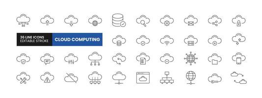 Set of 36 Cloud Computing line icons set. Cloud Computing outline icons with editable stroke collection. Includes Cloud Computing, Download, Upload, Server, Database and More. vector