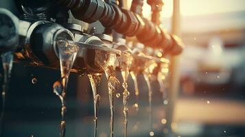 cerca arriba ver de filtrado y chapoteo agua desde el tubo, grifo, grifo y pezón tubo. generativo ai foto