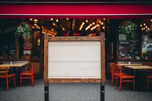 Empty blackboard sign mockup in front of a restaurant , Menu board with a street cafe or restaurant. Generative AI photo