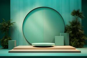 Podium in abstract tosca green room composition for product presentation. Generative AI photo