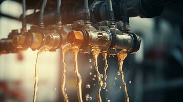 Close up view of leaked and splash water from the pipe, faucet, tap and nipple pipe. Generative AI photo
