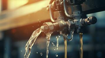 Close up view of leaked and splash water from the pipe, faucet, tap and nipple pipe. Generative AI photo