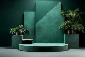 Podium in abstract tosca green room composition for product presentation. Generative AI photo