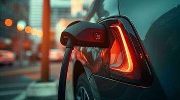 Close up view charger port of electrical vehicle. Electric car is being charged with a close up view of the connector attached to the vehicle. Generative AI photo