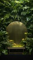 podio oro en tropical bosque para producto presentación y verde pared. generativo ai foto
