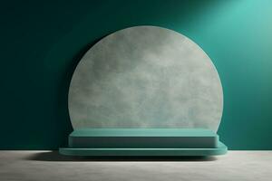 Podium in abstract tosca green room composition for product presentation. Generative AI photo
