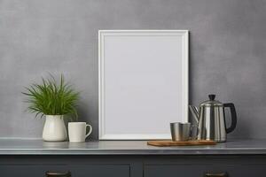 burlarse de arriba póster marco en cocina interior en vacío gris color pared antecedentes. generativo ai foto