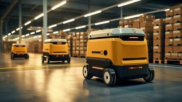 AGV Automated Guided Vehicle in warehouse logistic and transport. Empty space body vehicle for mockup. Generative AI photo