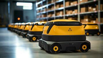 AGV Automated Guided Vehicle in warehouse logistic and transport. Empty space body vehicle for mockup. Generative AI photo