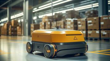 AGV Automated Guided Vehicle in warehouse logistic and transport. Empty space body vehicle for mockup. Generative AI photo