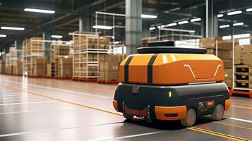 AGV Automated Guided Vehicle in warehouse logistic and transport. Empty space body vehicle for mockup. Generative AI photo