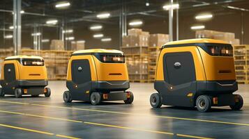 AGV Automated Guided Vehicle in warehouse logistic and transport. Empty space body vehicle for mockup. Generative AI photo
