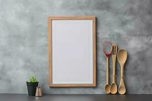 Mock up poster frame in kitchen interior on empty grey color wall background. Generative AI photo