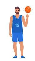 contento hombre baloncesto jugador en uniforme con pelota aislado en blanco antecedentes. vector ilustración.