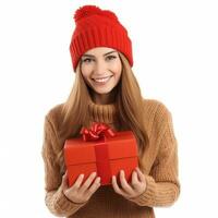 Happy woman in knitted hat with gift box isolated photo