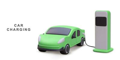 3d realistic Electric car on charging station. Home charger station, battery charging. Vector illustration.