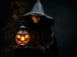 Witch with pumpkin lantern on dark background photo