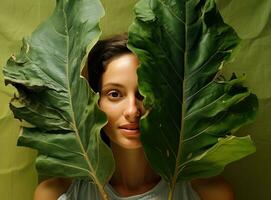 A young woman holding a large leaf behind her head photo