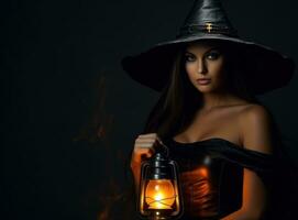 bruja con calabaza linterna en oscuro antecedentes foto