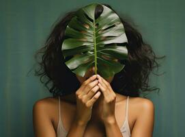 A young woman holding a large leaf behind her head photo