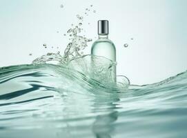 Clear bottle of moisturizer in blue water photo