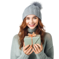 Happy woman in knitted hat with gift box isolated png