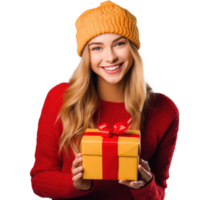 Happy woman in knitted hat with gift box isolated png