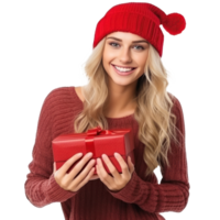 Happy woman in knitted hat with gift box isolated png