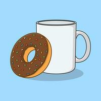 rosquillas y café taza dibujos animados vector ilustración. café taza y rosquilla plano icono contorno