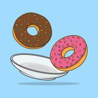 Donut On A Plate Cartoon Vector Illustration. Flying Donut Flat Icon Outline