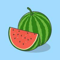 Slice And Whole Of Watermelon Cartoon Vector Illustration. Watermelon Fruit Flat Icon Outline