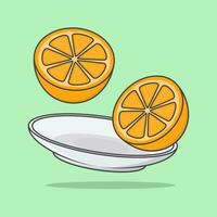 Pieces Of Orange On A Plate Cartoon Vector Illustration. Orange Fruit Flat Icon Outline