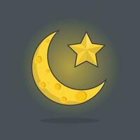 Moon And Star Cartoon Vector Illustration. Moon With Star Flat Icon Outline