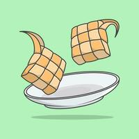 Ketupat On A Plate Cartoon Vector Illustration. Eid Al Fitr Ketupat Rice Food Flat Icon Outline