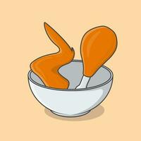 Fried Chicken In Bowl Cartoon Vector Illustration. Fried Chicken Flat Icon Outline