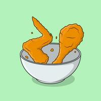 frito pollo crujiente en cuenco dibujos animados vector ilustración. frito pollo plano icono contorno