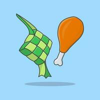 Ketupat Or Rice Dumpling With Fried Chicken Cartoon Vector Illustration. Eid Al Fitr Food Flat Icon Outline