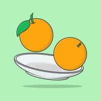 Orange On A Plate Cartoon Vector Illustration. Orange Fruit Flat Icon Outline