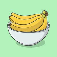 Banana In Bowl Cartoon Vector Illustration. Bunch Of Bananas Flat Icon Outline