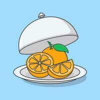 Opened Restaurant Cloche With Orange Cartoon Vector Illustration. Fresh Orange Fruit Flat Icon Outline