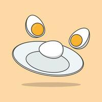 Boiled Eggs On A Plate Cartoon Vector Illustration. Chicken Boiled Egg Flat Icon Outline