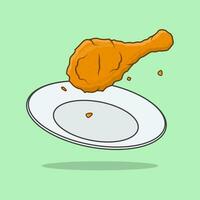 Fried Chicken On A Plate Cartoon Vector Illustration. Fried Chicken Flat Icon Outline