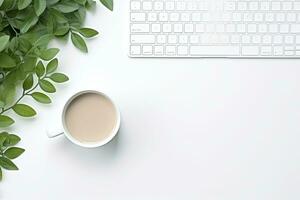Office desk table with keyboard and coffee cup. Top view with copy space. Generative AI photo